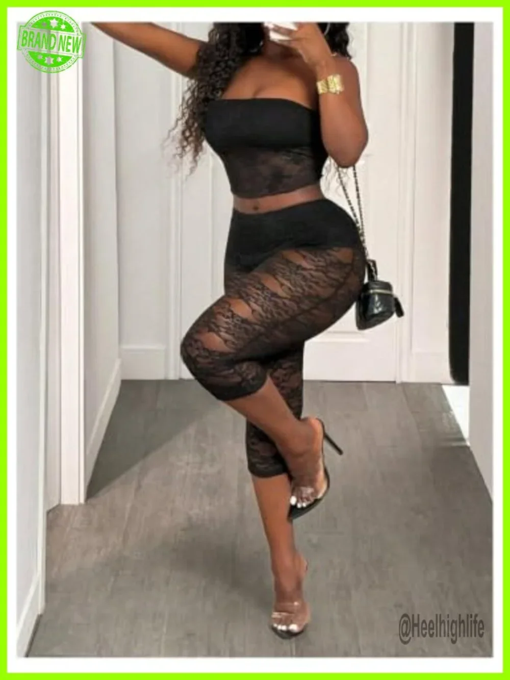 Lace Trim Capri Leggings High Waist See Through Cropped Pants